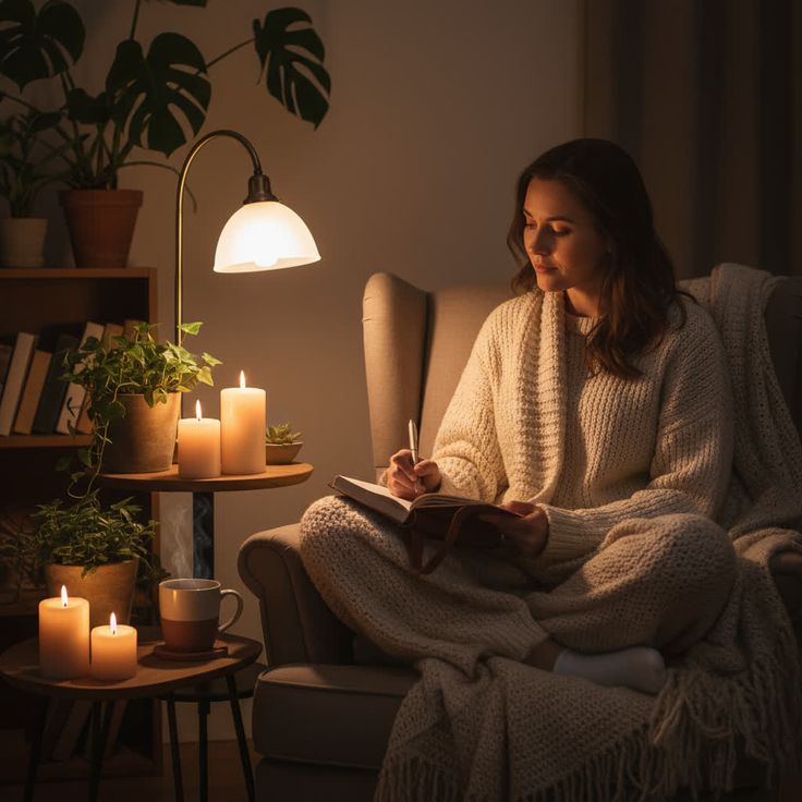 Peaceful evening transition with calming activities and soft lighting